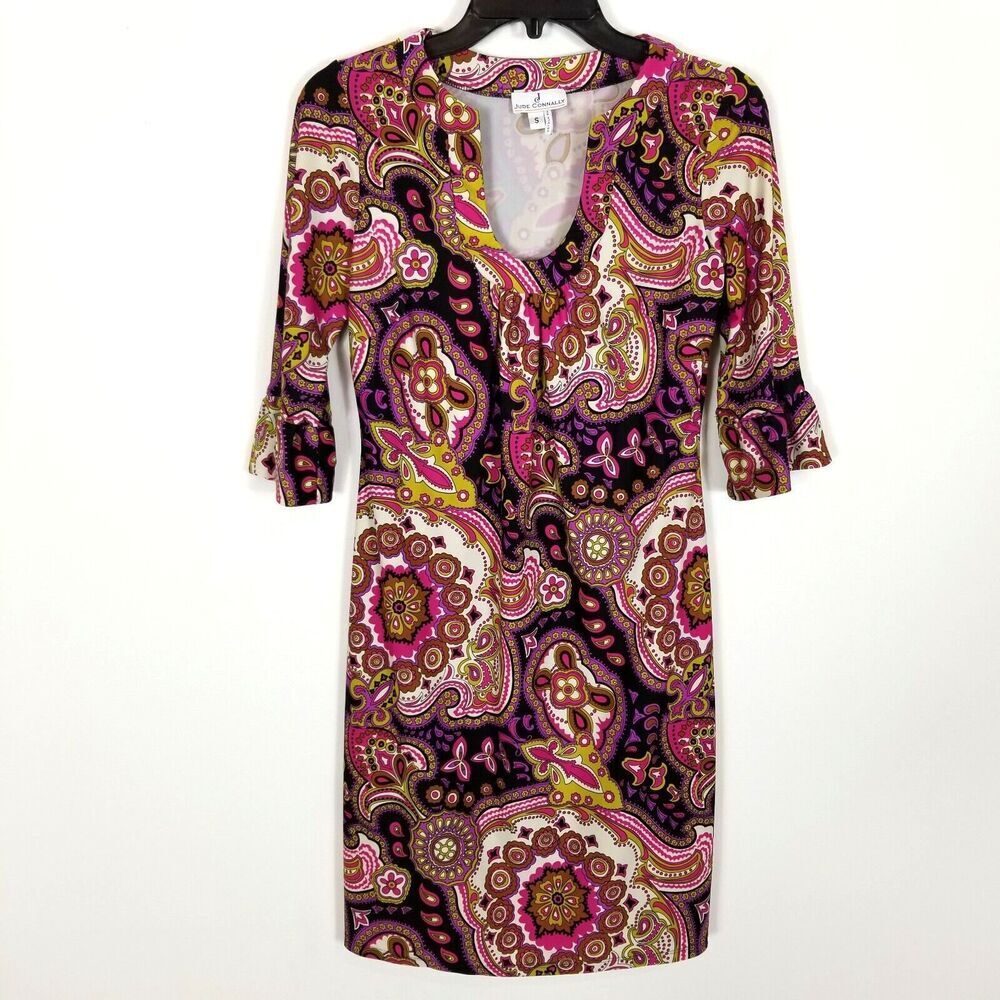 Jude Connally Women Haley Paisley Shift Jersey Stretchy Dress‎ Sz S 3/4 Sleeve
